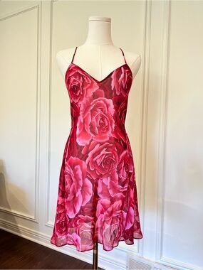 Y2K La Senza Rose Print Chiffon Open Back Slip Dress Sz M Coquette
